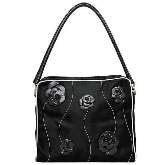 Prada handbag Tessuto White Shoulder Floral Bag Black Leather Nylon - Picture 1 of 9